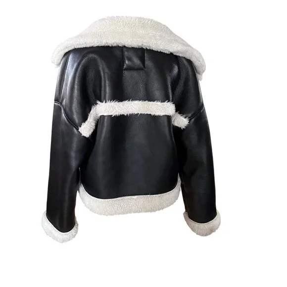 Abercrombie & Fitch Womens Black Vegan Leather Sherpa-Lined Aviator Jacket Size - Picture 5 of 7